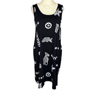 Baba Hawaii A Line Tank Dress Graphic Fish Ocean Beach Black White M bv
